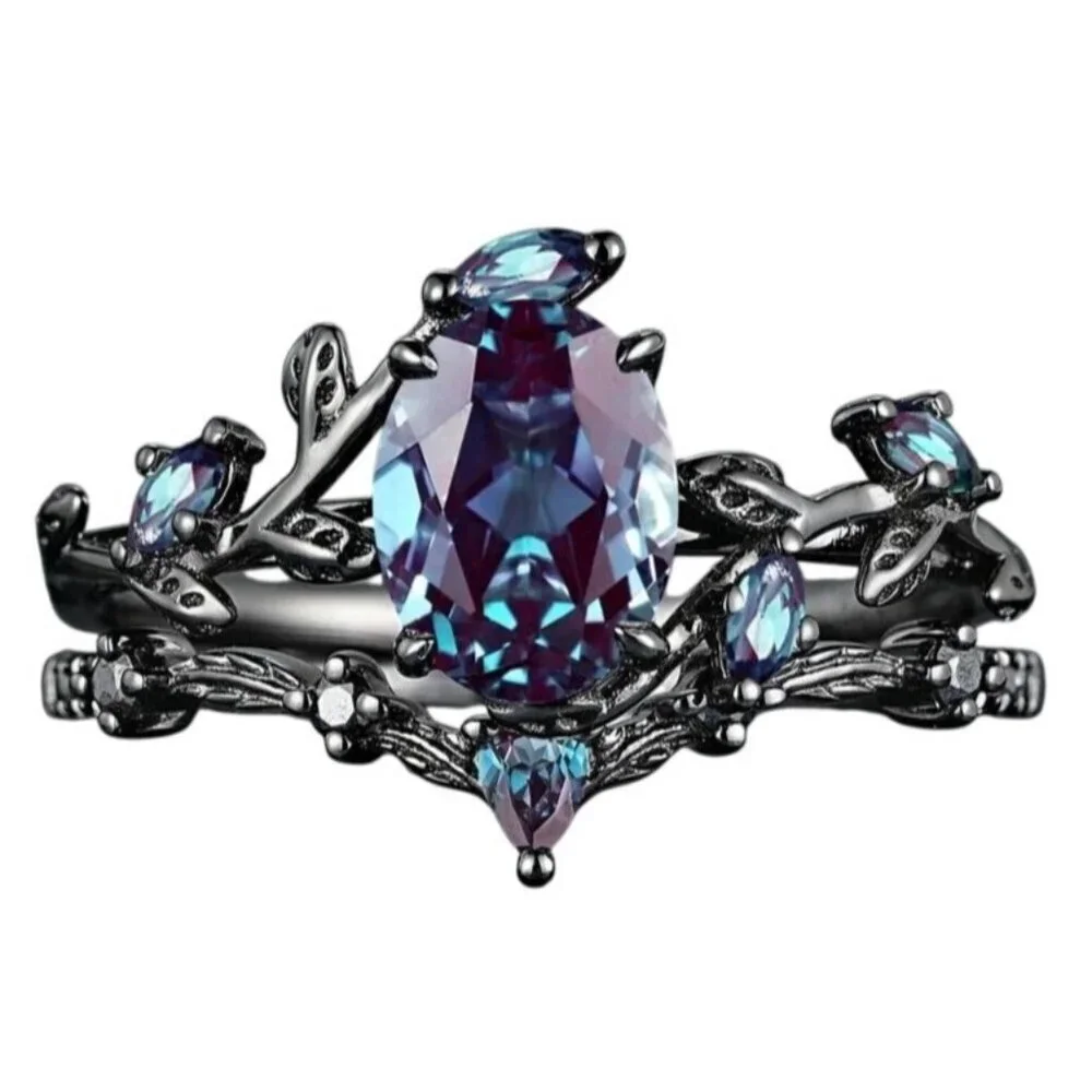 Pear Cut Alexandrite & Moissanite 2 piece Bridal Wedding engagement ring Rhodium